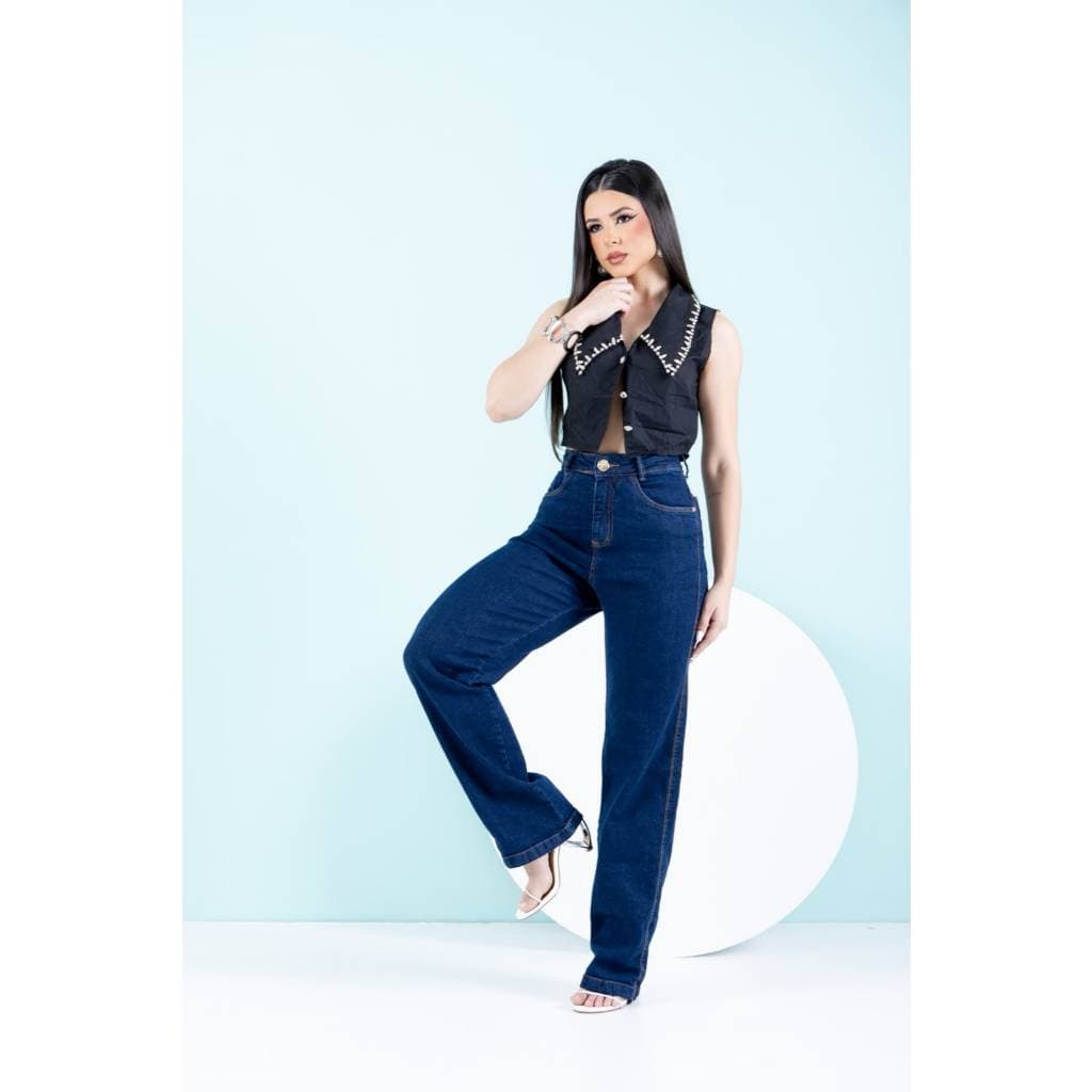 Calça Jeans Wide Leg Premium Cintura Alta Com Bolsos Funcionais Modela O Corpo Confortável  E Casual