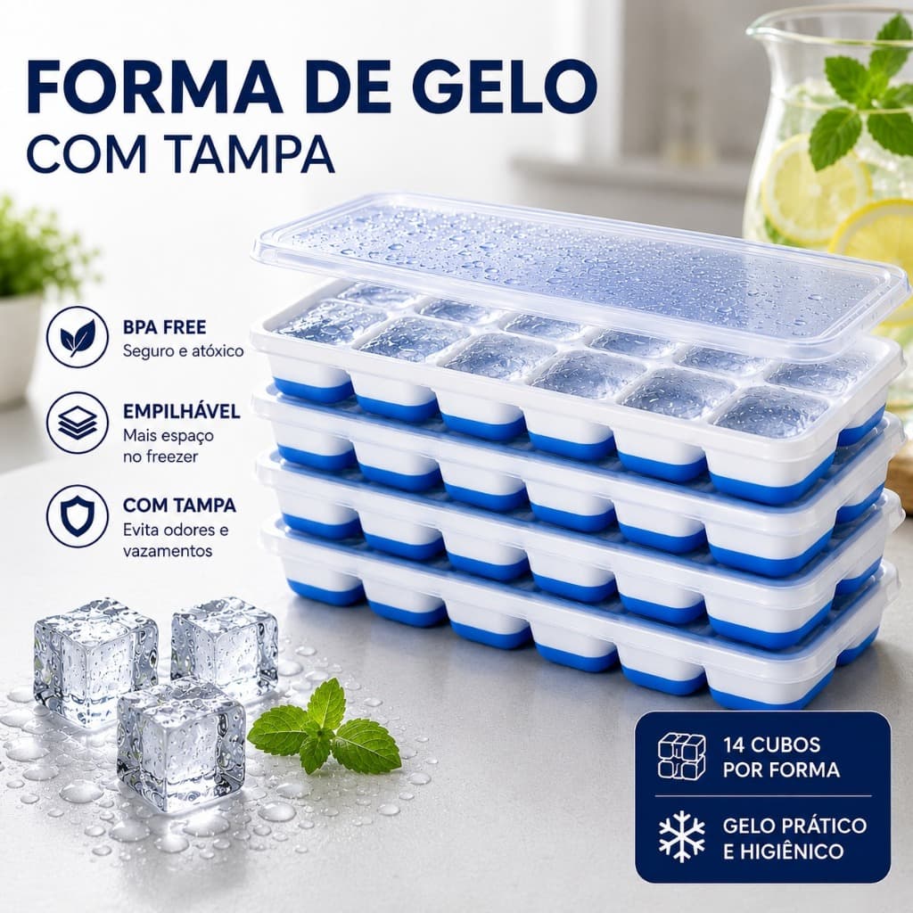 Forma de Gelo com Tampa 14 Cubos Silicone Flexível Empilhável