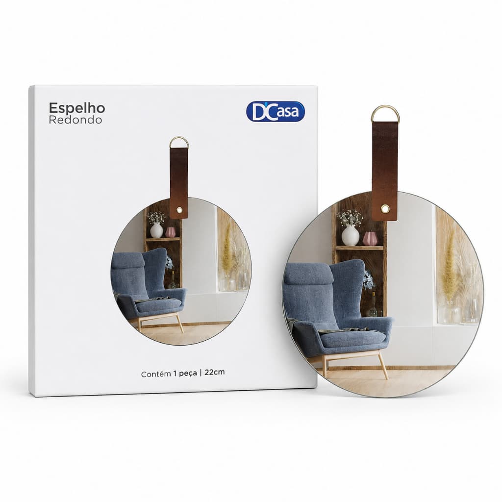 Espelho Redondo Decorativo 22cm Com Alça De Couro Luxo Para Banheiro Sala E Quarto Envio Imediato