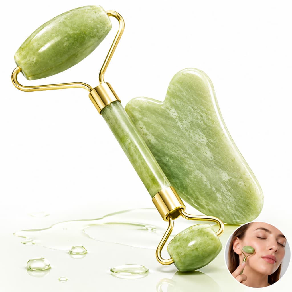 Kit Massageador Facial Jade Roller E Pedra Gua Sha Facial