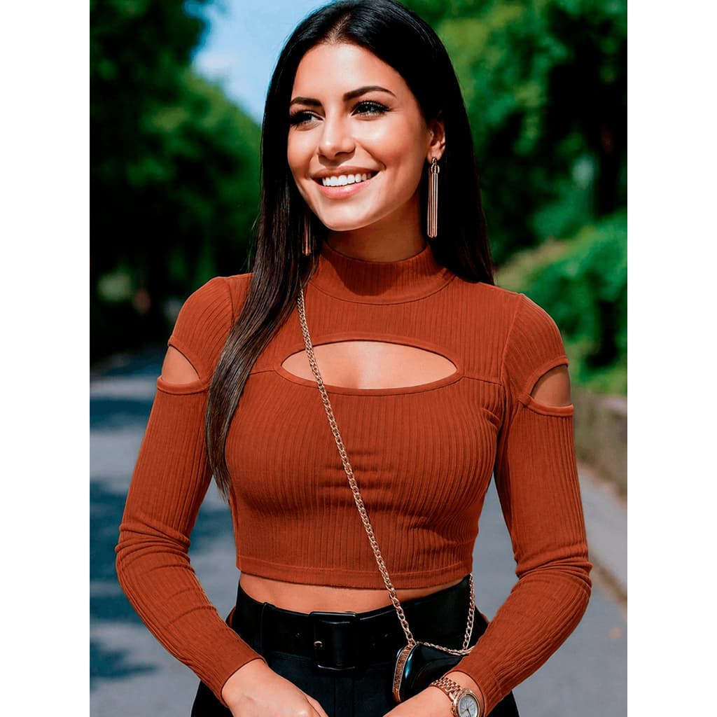 Blusa Cropped Gola Alta Manga Longa Ribana Premium Moda Gringa Basica feminina Tendência Outono Inverno