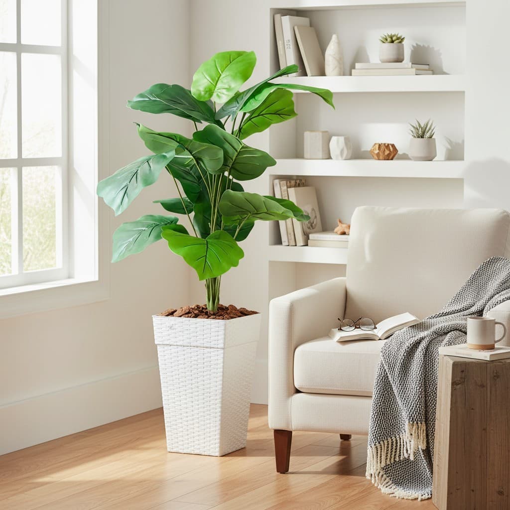 Planta Artificial Folhas Arranjo Grandes Jiboia + Vaso Decorativo para Sala