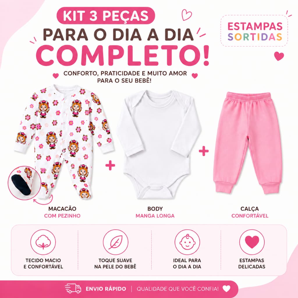 Kit 3 Peças Bebê Menina Inverno RN ao G (1Body Manga Longa 1 Macacão com Pézinho 1 Calça) Quentinho Macio