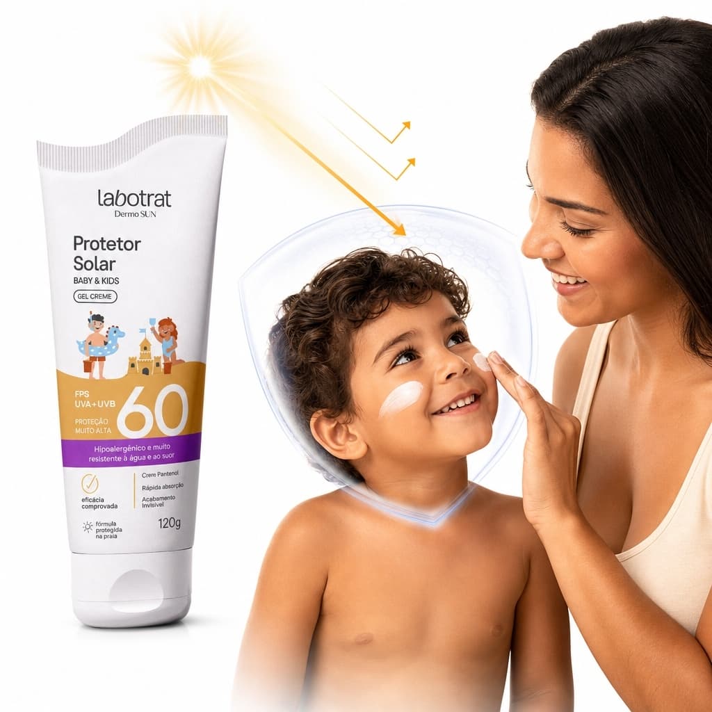 Gel Creme Protetor Solar Infantil FPS 60 Proteção UVA UVB Hidratação Pantenol Dia Inteiro Cuidados Pele Delicada