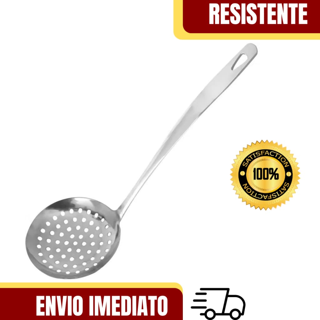 Escumadeira Aço Inox 32cm com Orifícios para Escorrer Líquidos Rápido