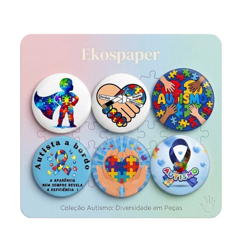 Bottons Alfinetes Autismo Kit com 6 Peças – Broches Coloridos TEA Transtorno do Espectro Autista inclusão Escolar