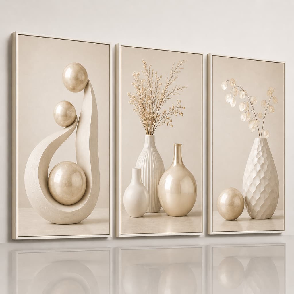 Quadros Decorativos Trio Vasos Cor Creme Sala Quarto Escritório Luxo Moderno Kit 3 Peças Parede Abstrato MDF 4K Premium