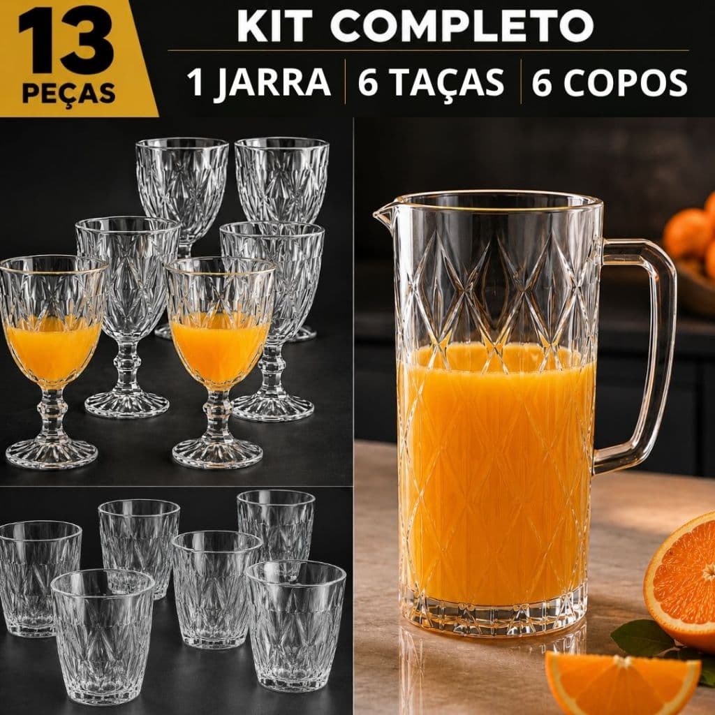 Jogo de 6 Taças De Vidro Diamond Transparente + 1 Jarra Diamante 1L Para Água Suco+6 Copo De Vidro 280ml Grosso-13 PEÇAS