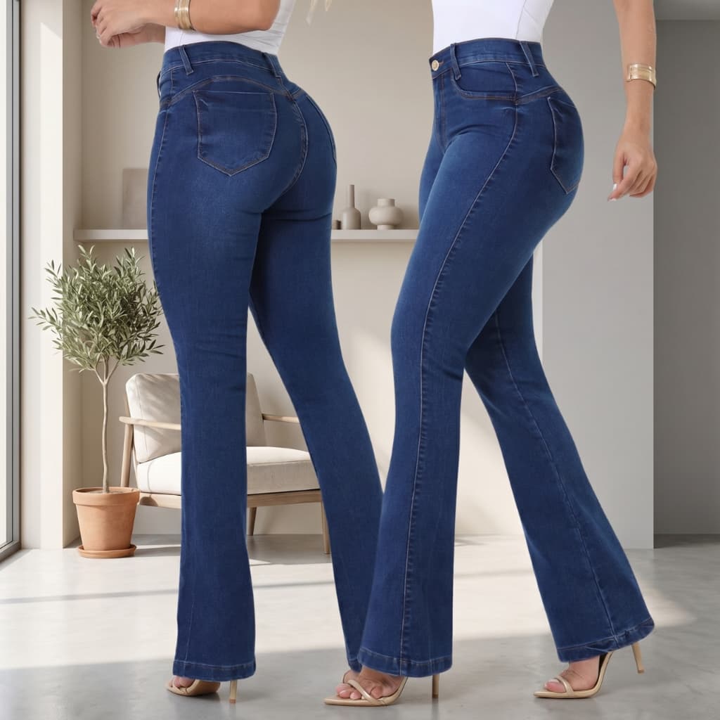 Calça Jeans Feminina Flare Cintura Alta Com Elastano Empina Bumbum Premium