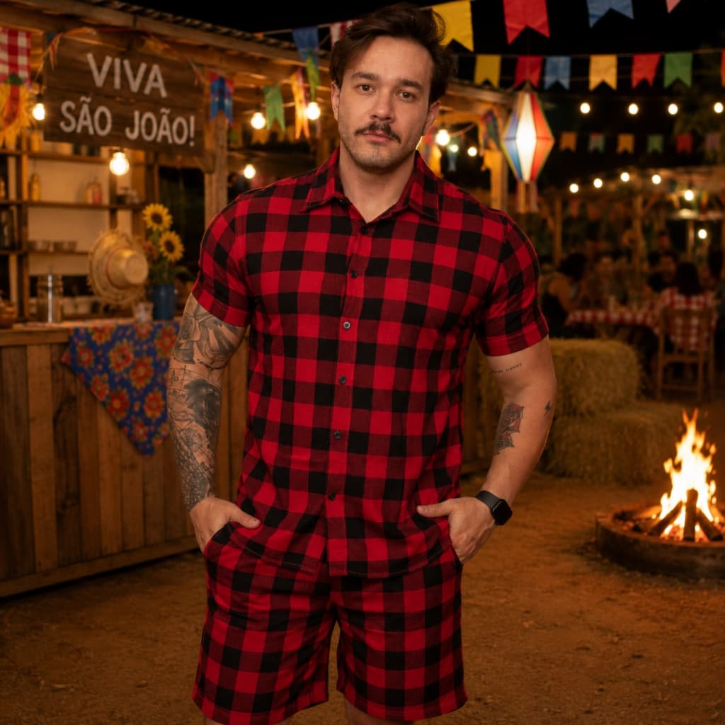 Conjunto Masculino Xadrez Quadriculado Camisa e Shorts Festa Junina Inverno