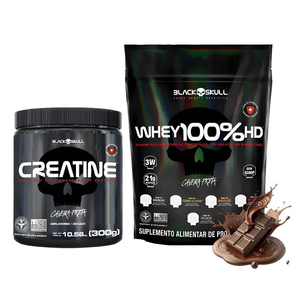 KIT Whey PROTEIN 100%Hd 900g + Creatina em Pó 100% pura 300g Black Skull Suplemento