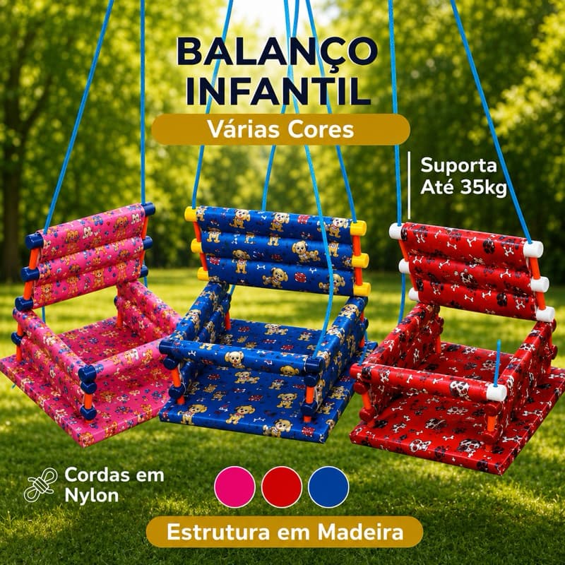 Cadeirinha de Balanço Infantil Reforçada Madeira e Tecido Premium, 1 a 10 Anos, Suporta Até 35kg direto da fabrica