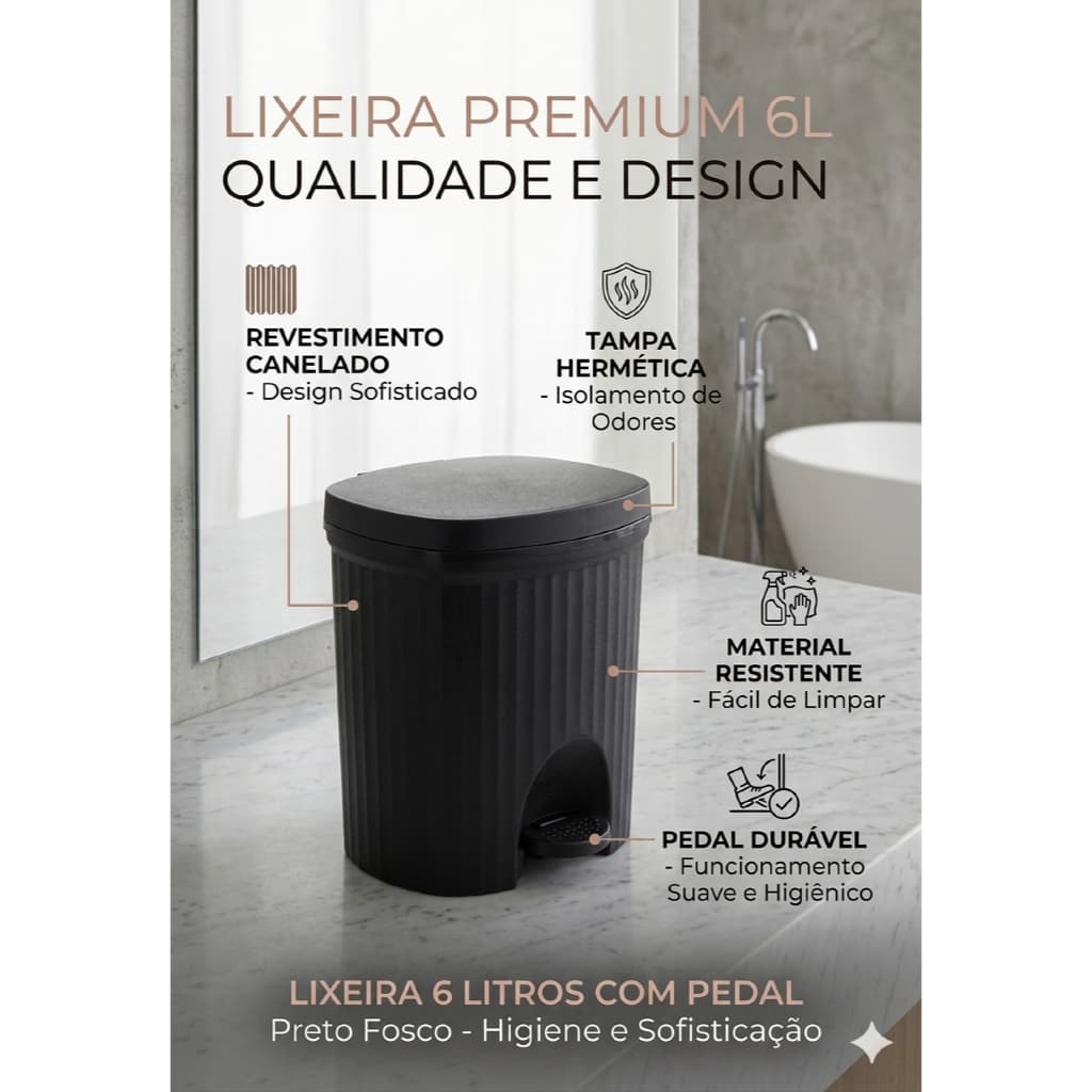 Lixeira Banheiro Lavabo Escritório Escandinava 6 Litros Linha Black Matte