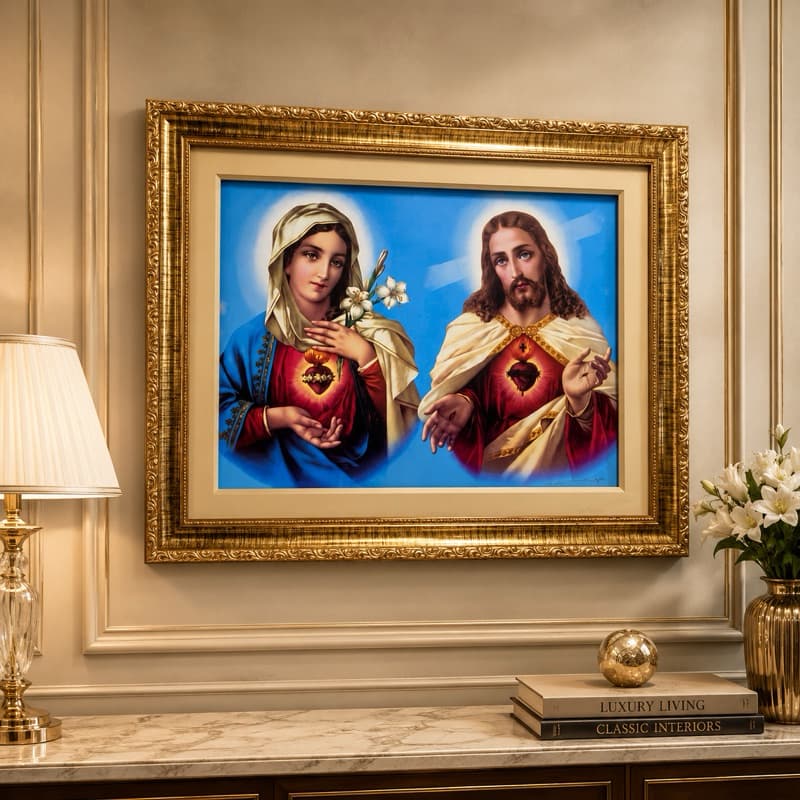 Quadro Sagrado Coração de Jesus e Maria  – Quadro Resinado – 40x50  – Moldura Dourada