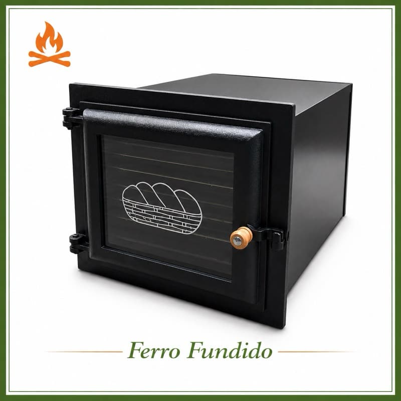Forno Pequeno Fogão A Lenha 44x39x47 Porta Ferro Fundido e Vidro Pão Caixote Aço