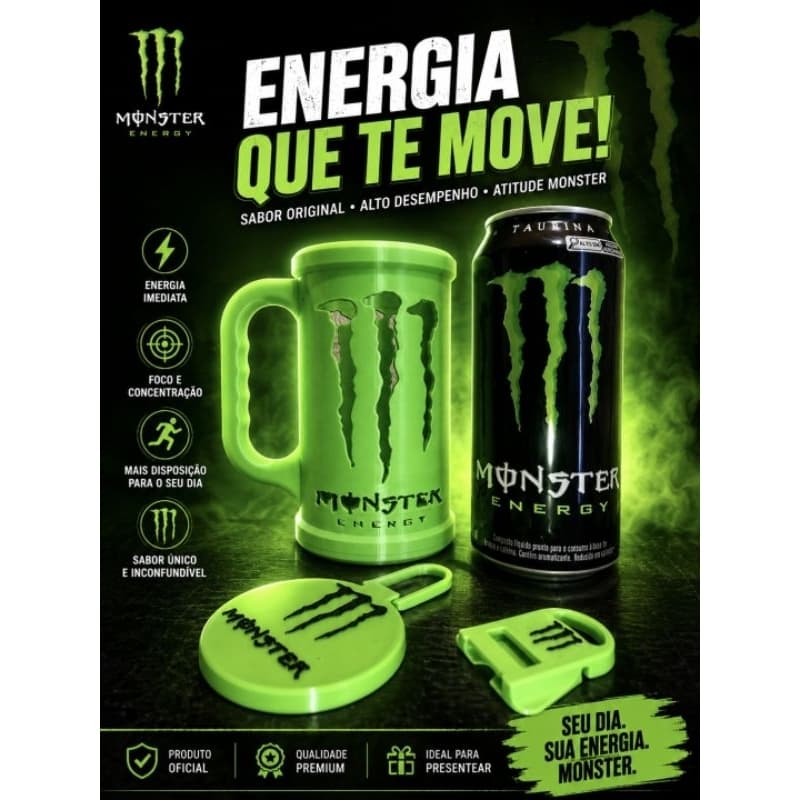⚡ Caneca Monster Energy 3D + Porta Copo + Abridor