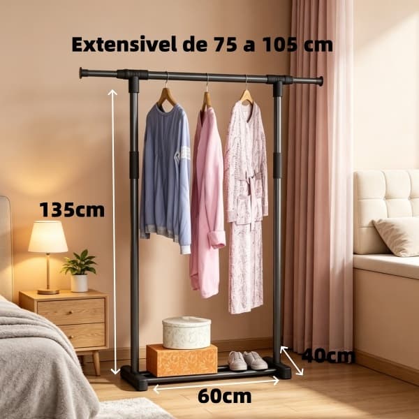 Cabideiro extensível, preto, em aço carbono, 75-105cm dois tamanhos, adequado para quartos e salas de estar.
