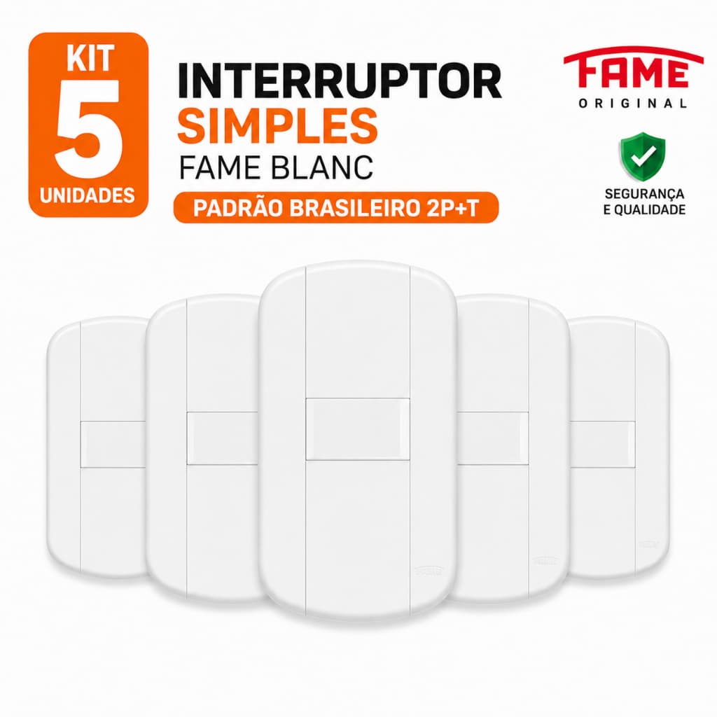 KIT 5 Interruptor Simples Fame Blanc Original Branco Premium Fácil Instalação