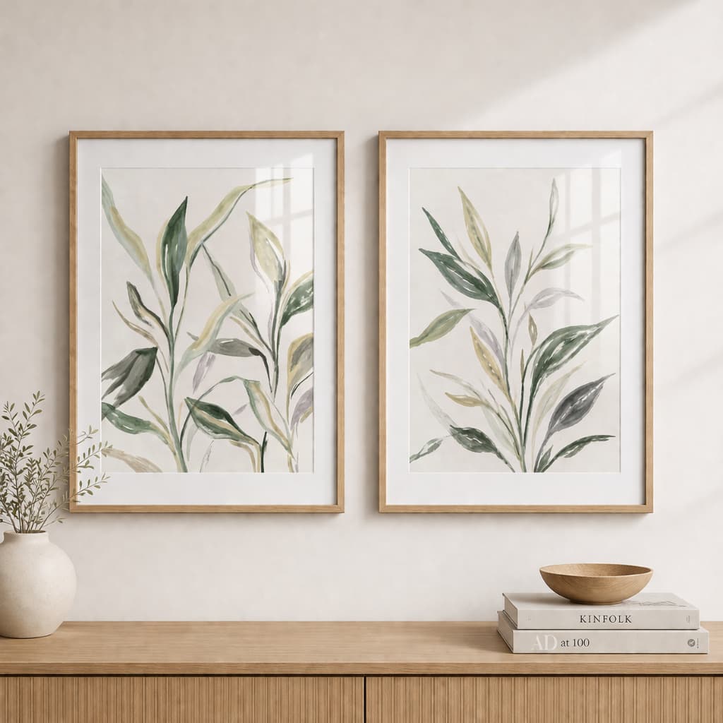 Kit 2 Quadros Decorativos Boho Chic Aquarela Natureza Neutra Sala/Quarto Com Moldura e Vidro