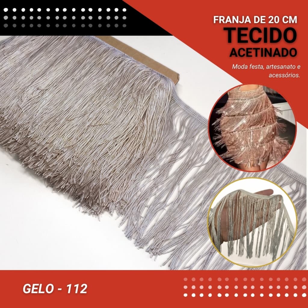 Franja de Tecido Acetinado - 20 cm - Grade de Cores - Rolo C/10 Mts COR:GELO-112