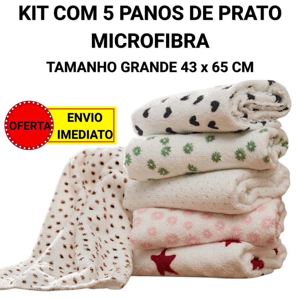Kit Pano de Prato Grande 5 Unidades Microfibra Super Absorvente 43x65cm