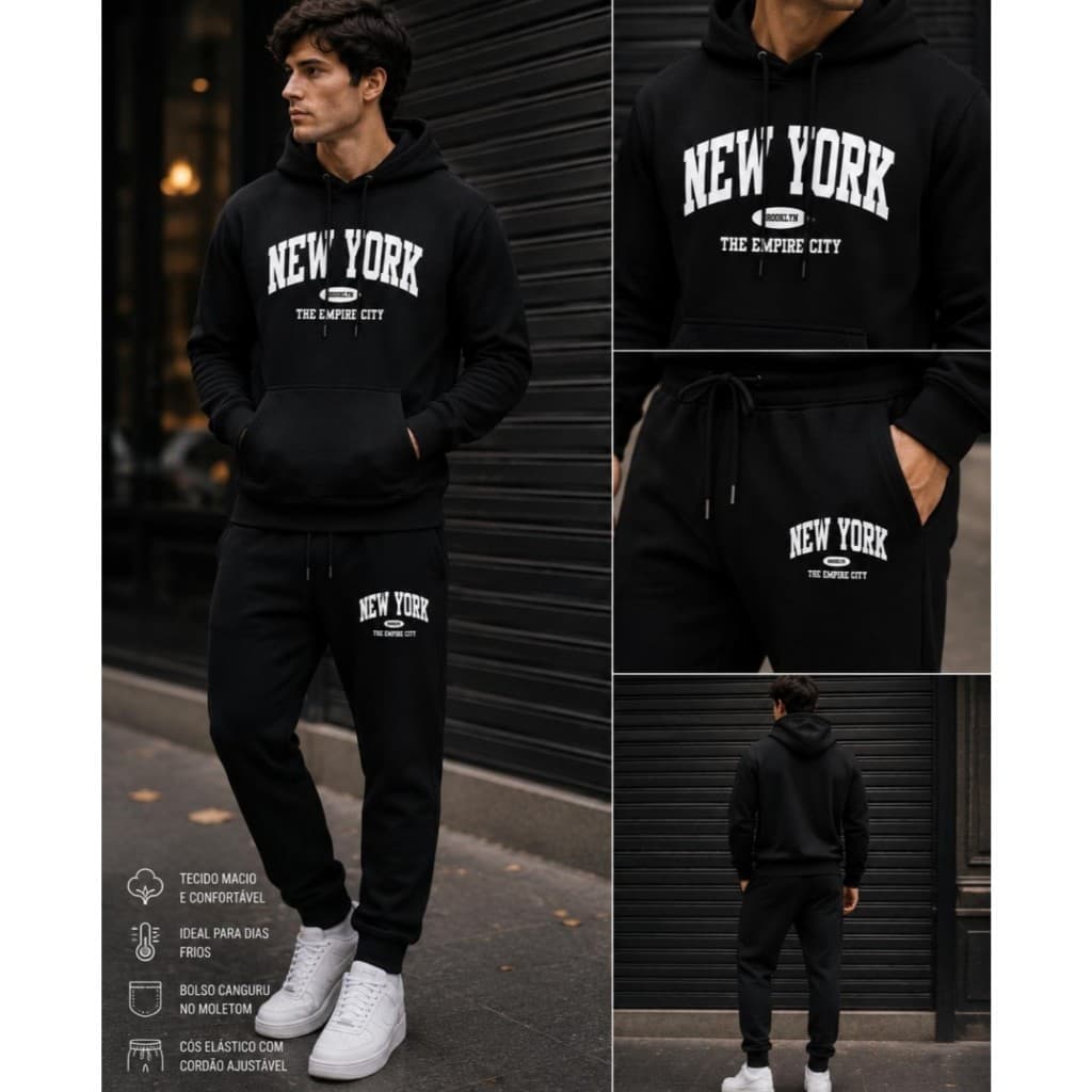 Conjunto New York  Moletom Canguru Calça e Blusa com Capuz Inverno