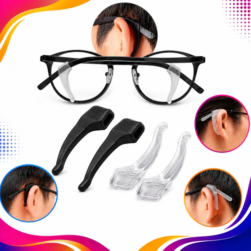 Trava Oculos Antiderrapante Silicone Kit Não Cai Do Rosto Gancho Orelha Haste Conforto