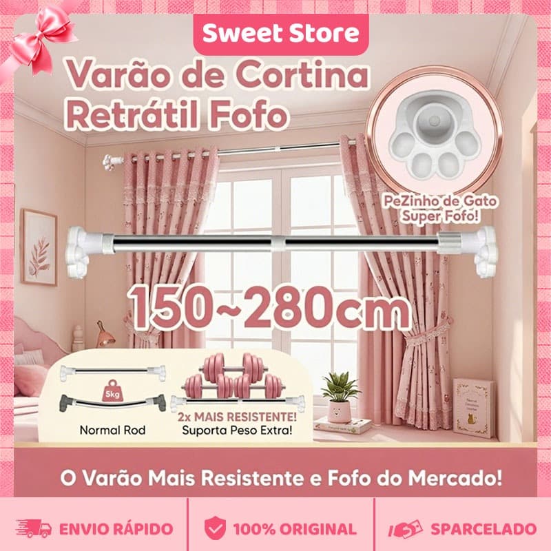 Varão de Cortina 2.8m Sem Furar Parede Patinha de Gato SEM FUROS 70-120 90-160 110-200 150-280cm Ajustável