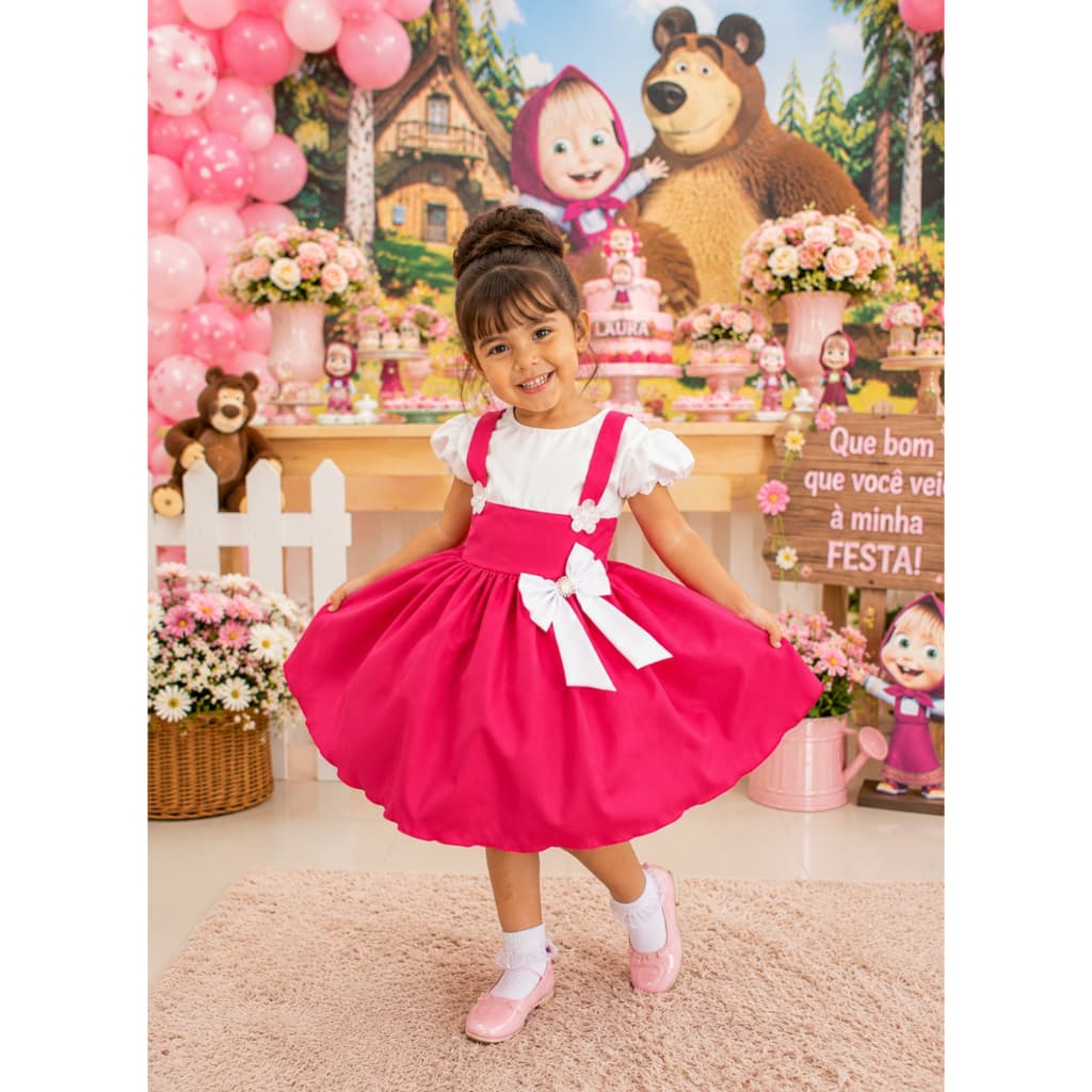 Vestido Masha e o Urso Festa Aniversário Temático Rosa Pink de 1 a 4 anos com Lenço de Cabelo