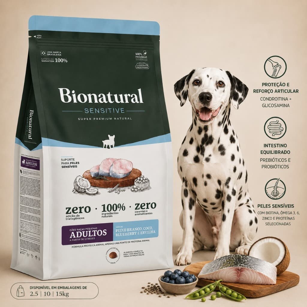 Ração Para Cachorro 15kg Bionatural Prime Sensitive Adulto Raças Pequenas Peixe Branco Coco