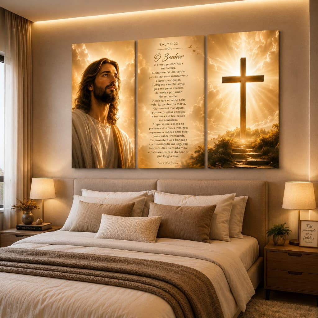 Kit 3 Quadros Jesus Salmo 23 e Cruz Decorativo Religioso