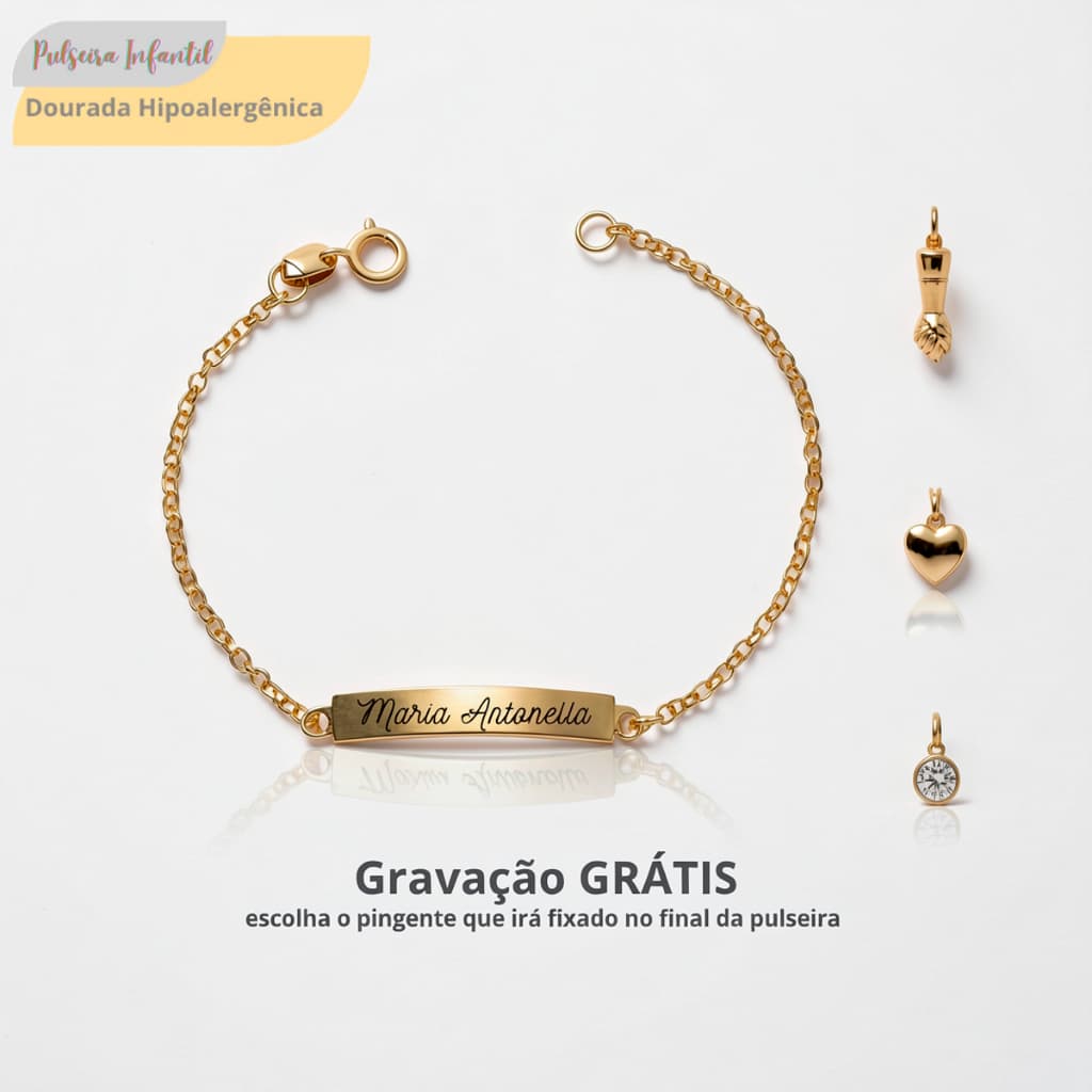 Pulseira Infantil Personalizada Com Nome Dourada Gravação Laser  Criança