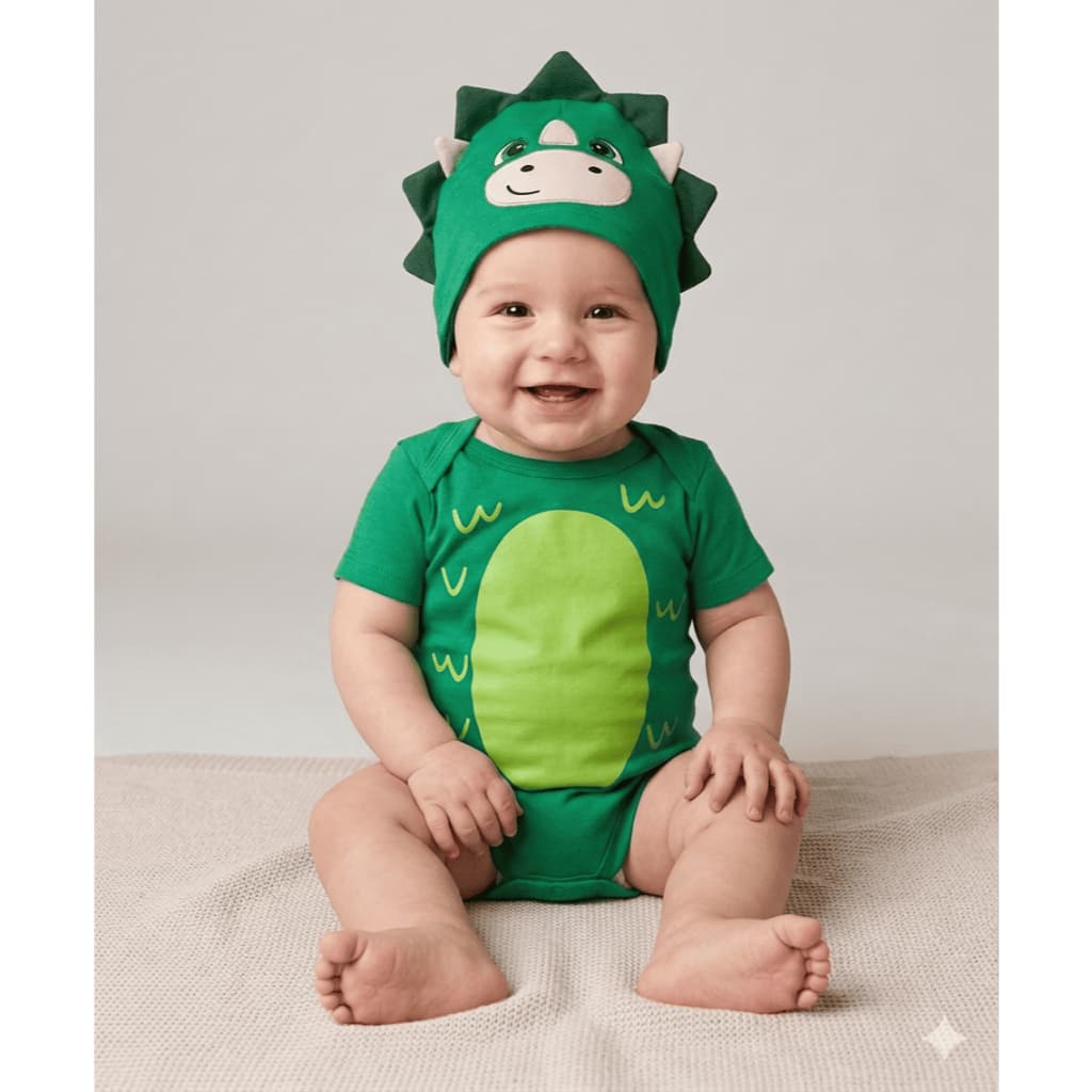 Body Bebe mesversario temático de Dinossauro Com Touca -  LInha premium em Suedine 100% Algodão