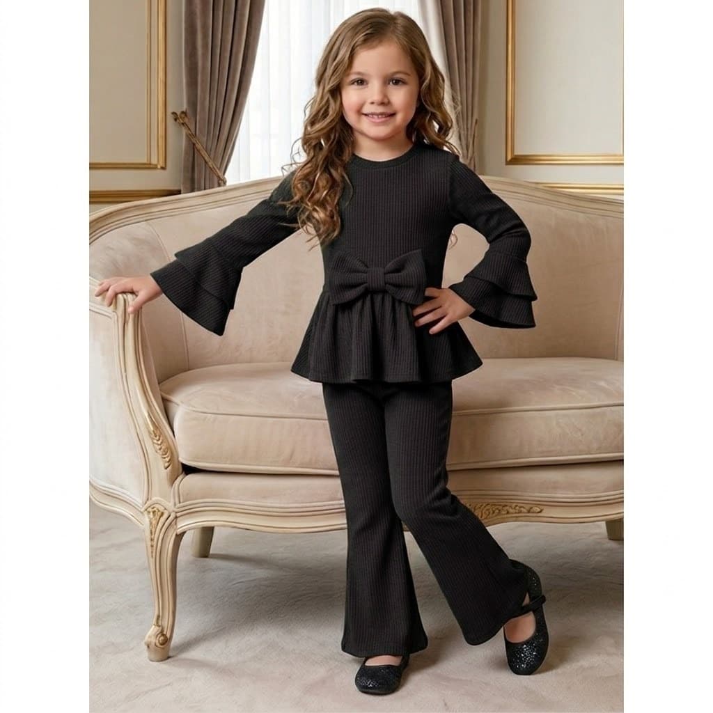 Conjunto de Inverno Infantil Menina Conjunto Feminino Infantil Ana Ruga Luxo Blusa Laço + Calça Tendência Quentinho