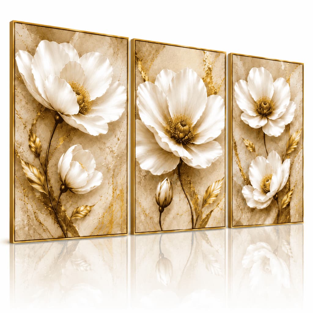 Quadros Decorativos 3 Peças Escritórios Floral Branco e Dourado  Tríptico Elegante Sala Moderna