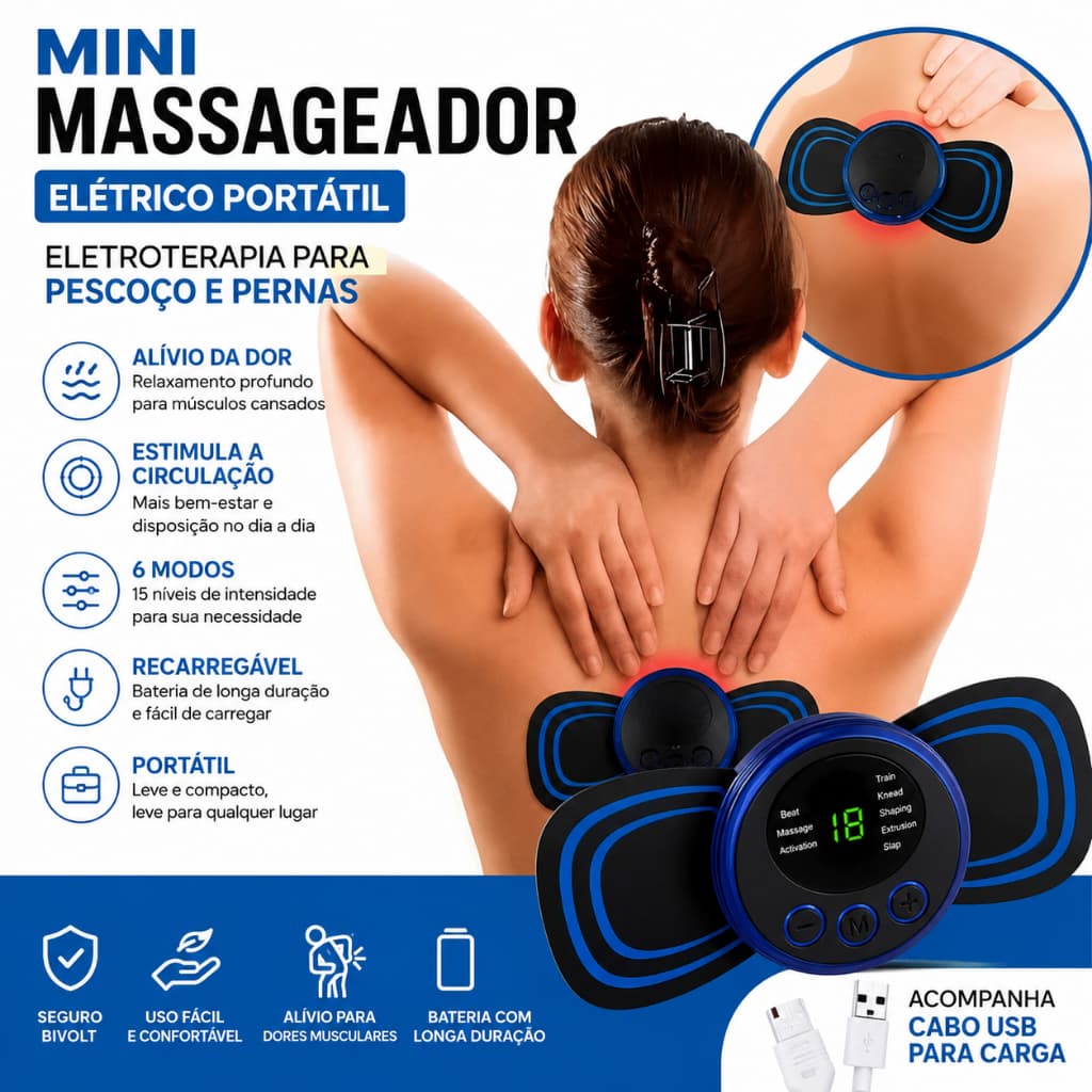 Mini Massageador Elétrico Portátil Recarregável Eletroterapia Pescoço e Perna - Bivolt - AMT