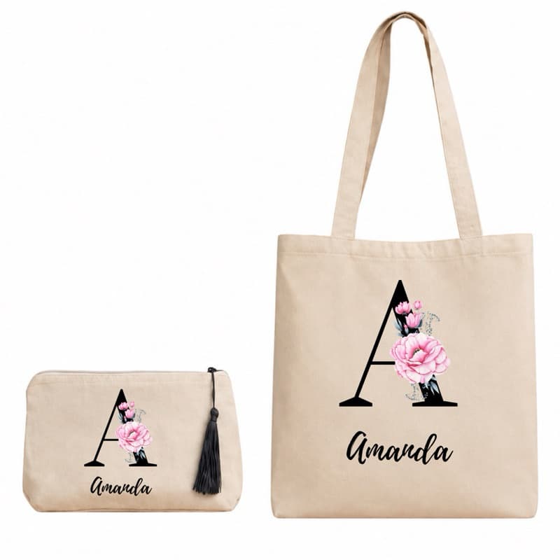 Kit BOLSA COM NOME Ecobag + Necessaire Algodão Cru Personalizado com Nome, Arte ou Logo lembranca mimo empresa