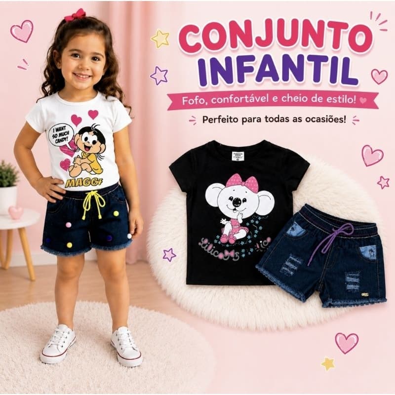 Conjunto Menina Infantil Short Jeans e Blusa com tem de 1 a 6 anos