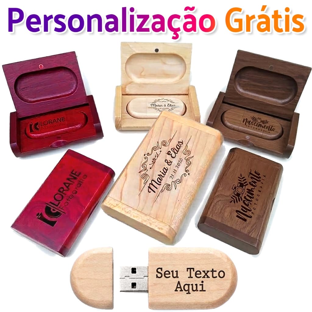 Pen Drive de madeira personalizado + Case Gravação a Laser Pendrive (Fotografia) 8Gb 16Gb 32Gb 64Gb
