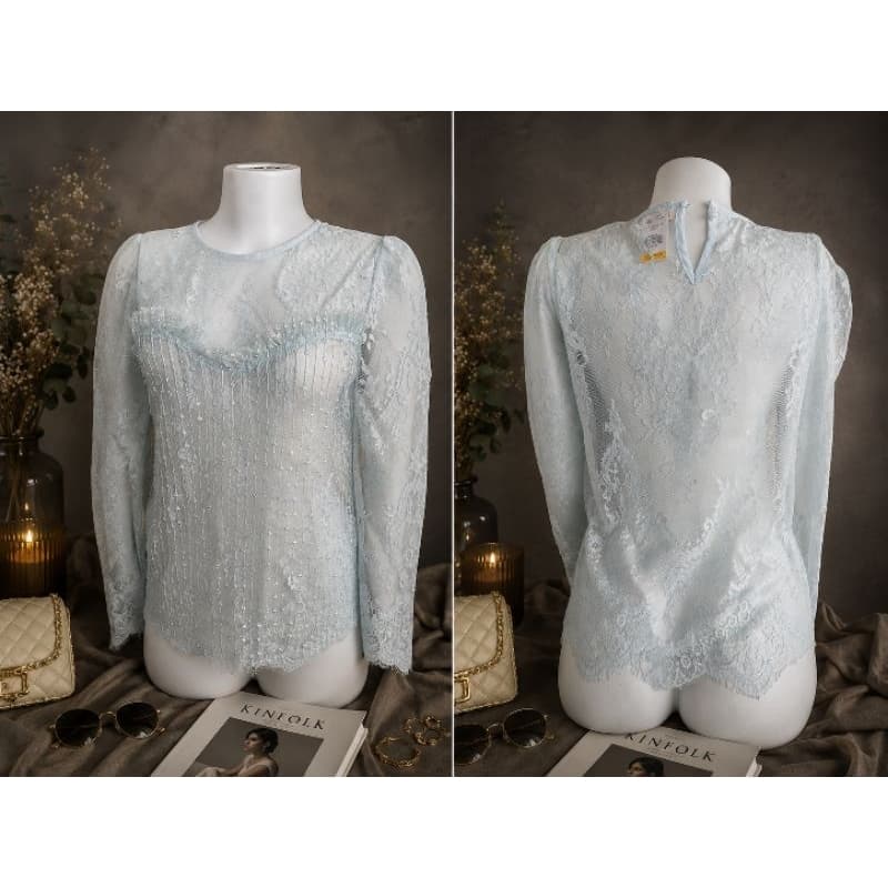 Blusa Feminina Renda Manga Longa Hush By Rosana Azul Claro Elegante Social Tam P