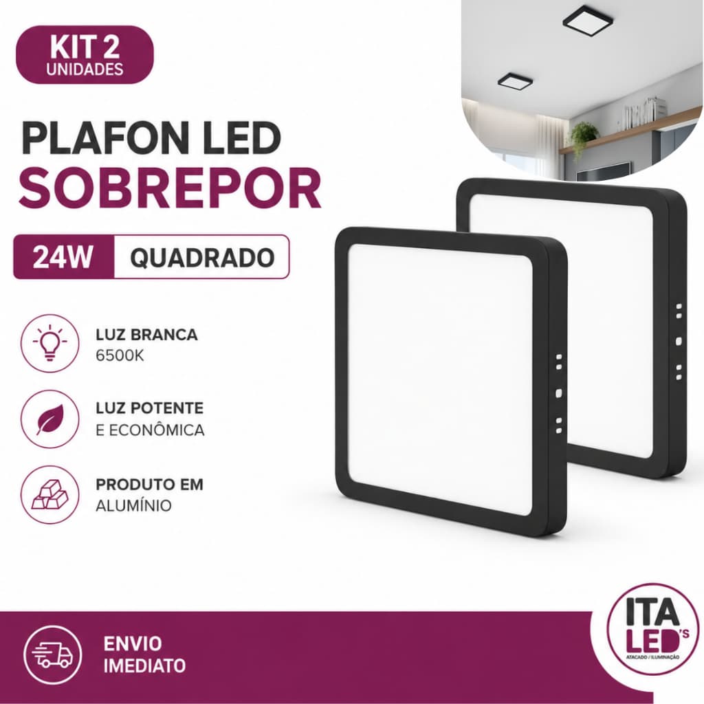 Kit 2 Luminária Painel Plafon Led 24W Preto Quadrado Sobrepor Branco Frio 6500K Bivolt