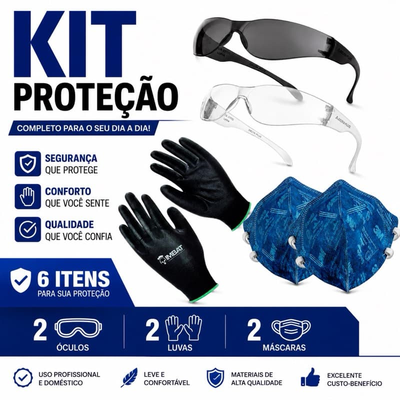 Kit EPI Completo 6 Itens 2 Óculos Proteção + 2 Luvas Antiderrapantes + 2 Máscaras PFF2 Segurança Trabalho