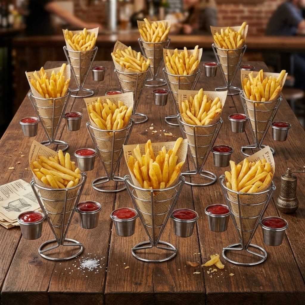 Mini Cestinhas Para Servir Porções De Batatas Fritas Com Suporte Petiscos Onion Ring Gourmet