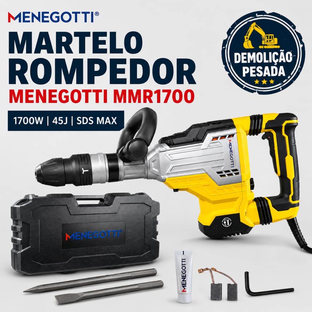 Martelo Rompedor Menegotti MMR1700 1700W 12KG 45J  SDS Max para Demolição de Concreto Piso e Estruturas