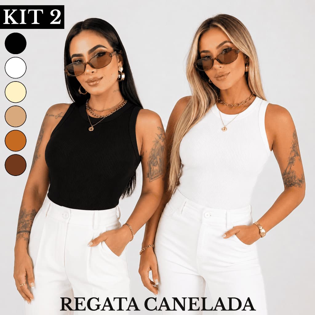Kit 2 Blusinha Regata Canelada Feminina Ribana Premium Americana Básica Blogueira Tendência Moda