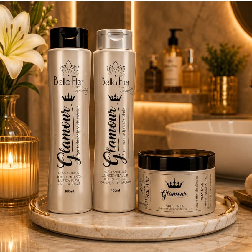 Kit Capilar Glamour 3 Produtos Shampoo Condicionador Máscara Bella Flor Hidratação Brilho Profissional