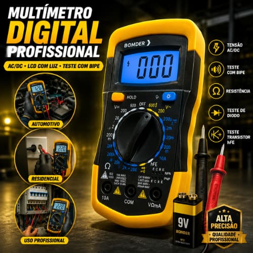 Multímetro Digital Profissional AC DC LCD Com Luz e Bipe Teste Voltagem Portátil Precisão 10A Bateria 9V Automotivo Pro