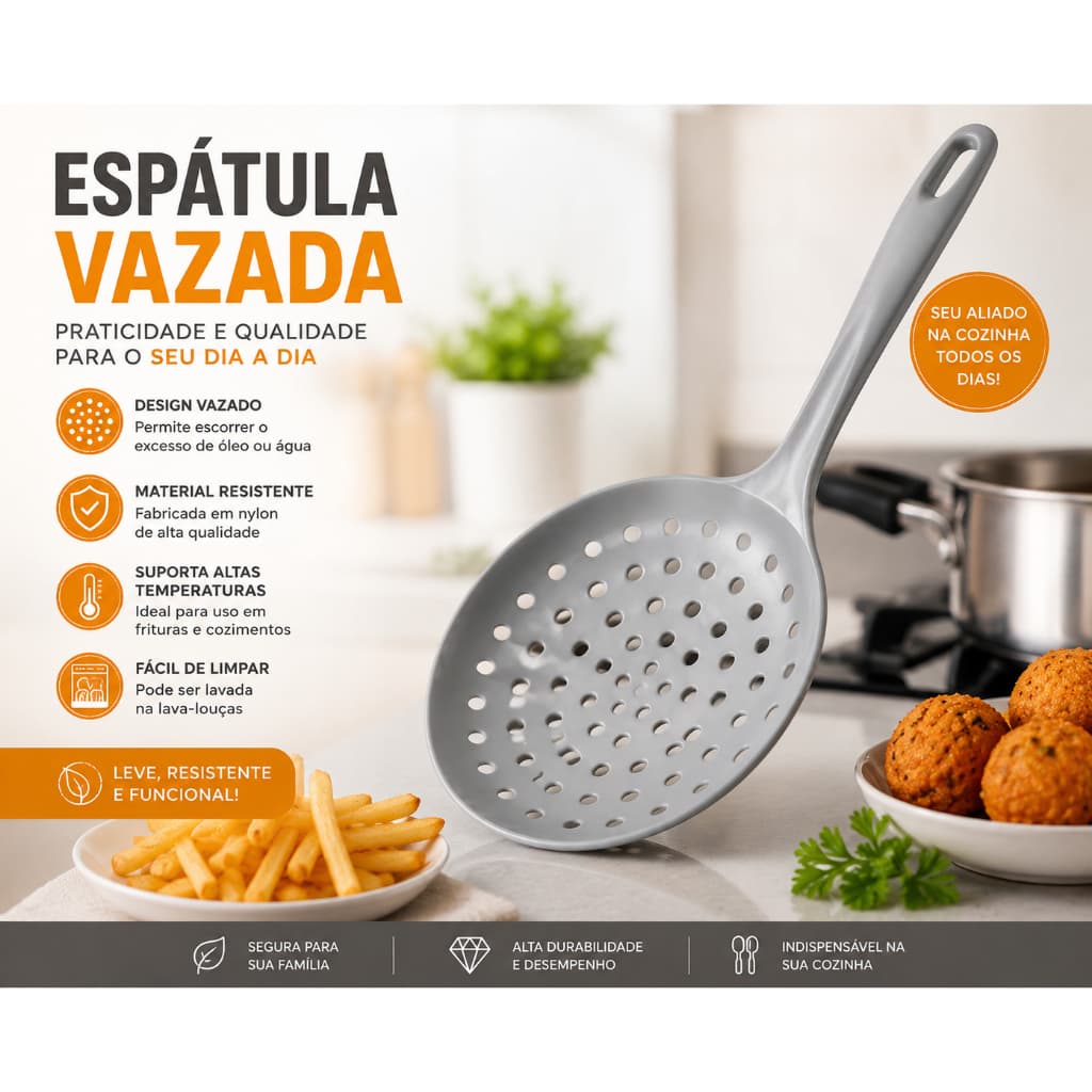 Espátula Redonda Vazada Escumadeira Multiuso Cozinha Resistente Para Frituras e Massas