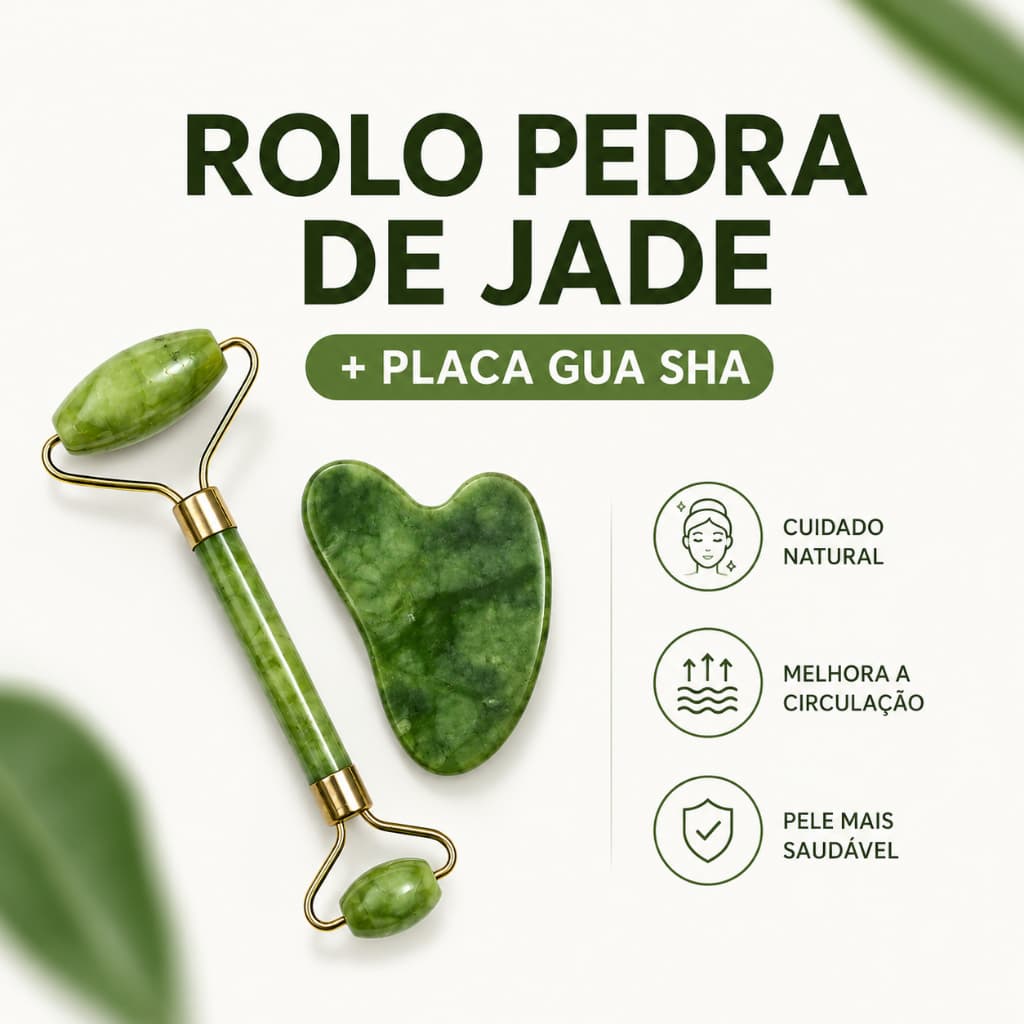 Rolo Pedra Jade e Placa Gua Sha Massagem Facial Anti Ruga