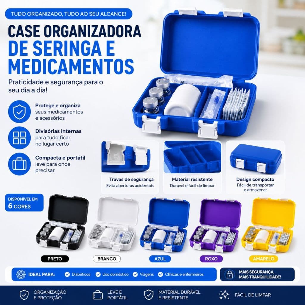 Case Porta Peptídeo Ampolas Seringa Insulina Caixa Protetora Trava Segurança Viagem Estojo Tri Reta